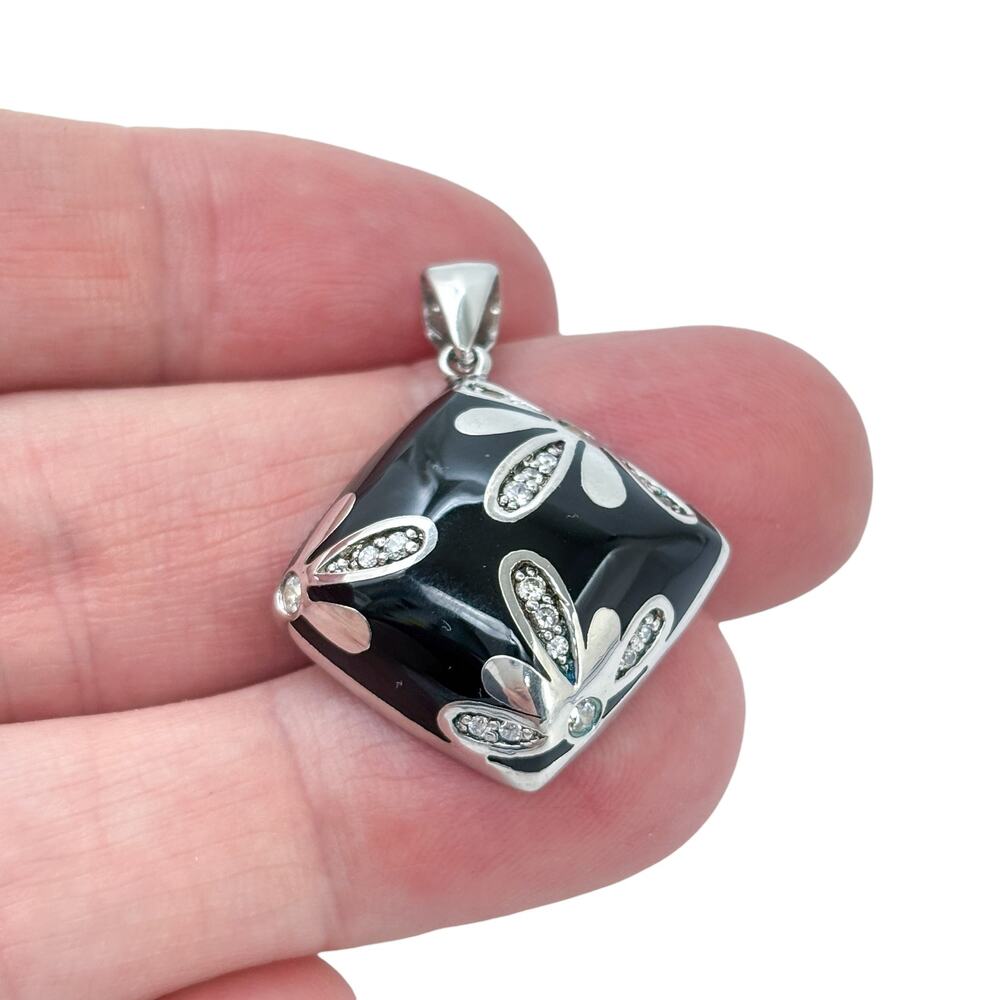 Vintage Sterling Silver 925 Black Enamel Cubic Zirconia Square Pendant